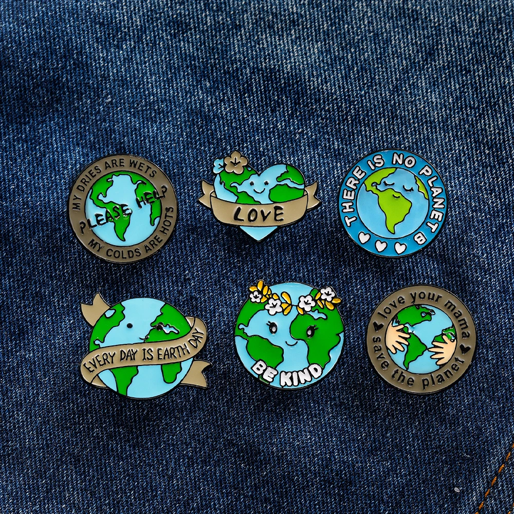 6 Pcs/Set Environmental Brooches Protecting the Earth Environment Hard Enamel Pins Backpack Bag Jacket Coat Jewelry Decoration