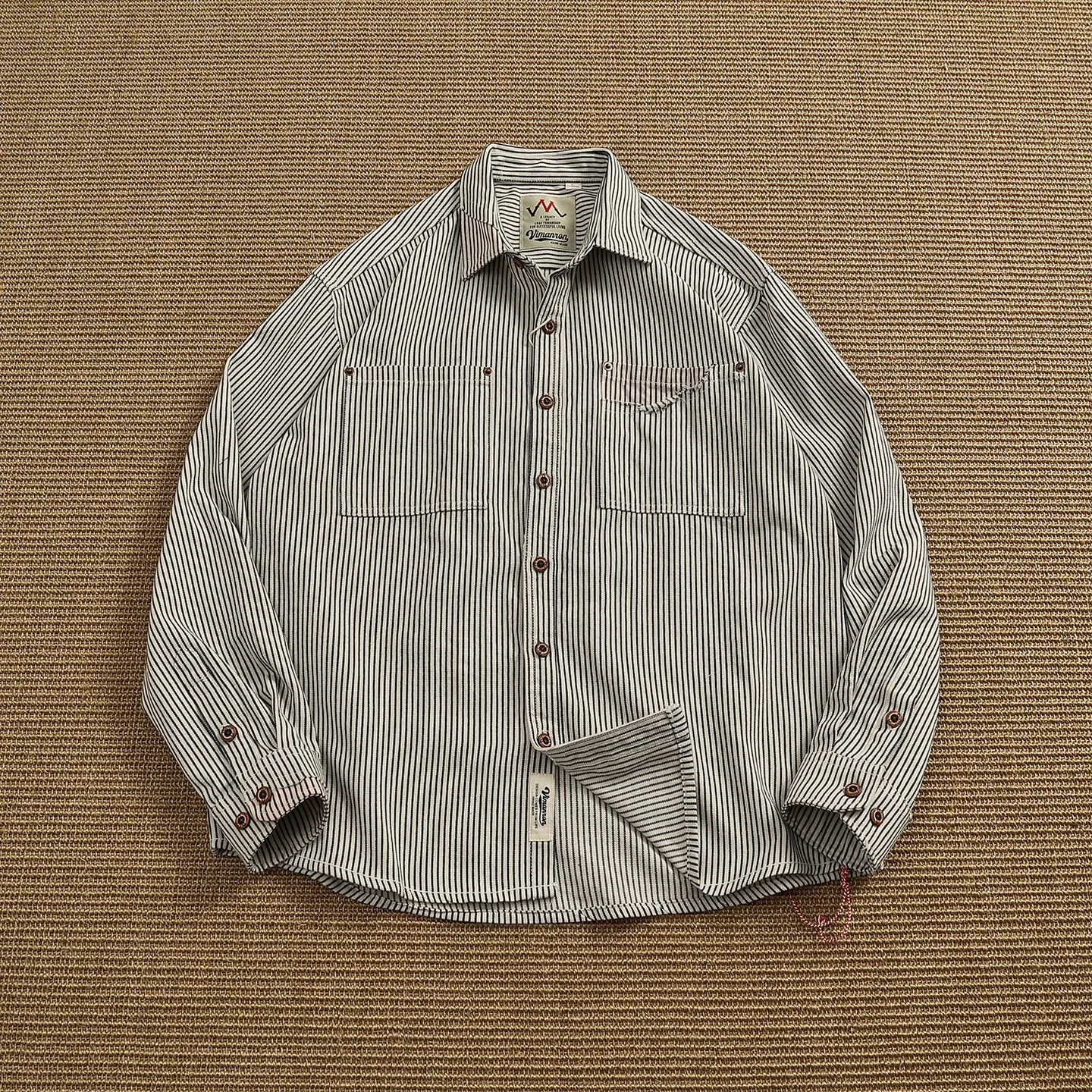 Ami khaki retro distressed striped shirt men's Japanese workwear pure cotton long-sleeved shirt casual loose jacket
