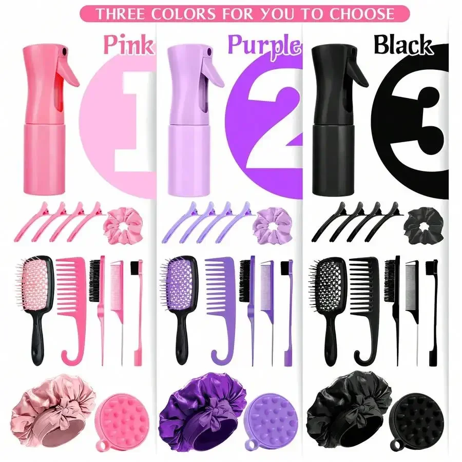 13Pcs Hair Styling Accessories Set Detangling Brush Spray Bottle Satin Bonnet Hair Clips Edge Brush Scrunchies