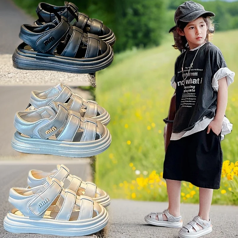 

Children's Sandals Students Summer New Silver Comfortable Flat Shoes Girls Soft Soled Bread Shoes Non-slip Boys Beach Shoes