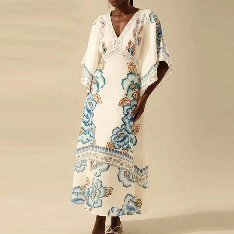 

Summer Tropical Plant V-Neck Bohe Dress 2025 Women Elegant Half Sleeve Loose Party Dress Casual High Waist Swing A-line Dress