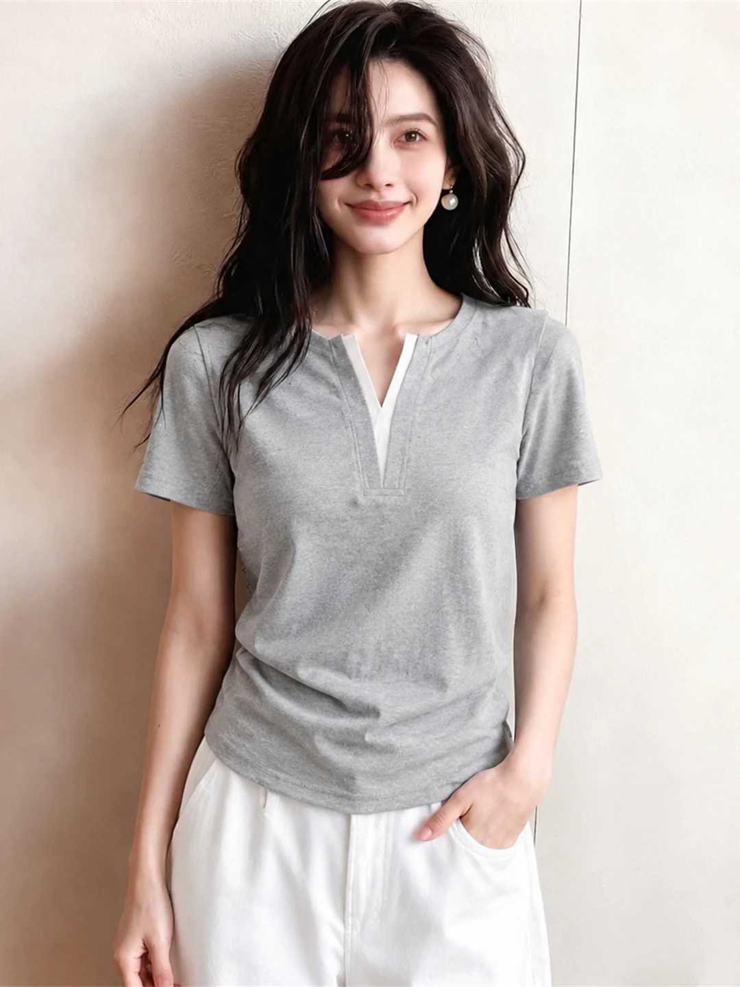 

Korean Style Casual Short Sleeve T-Shirt Slimming Top Shoulder Padded Summer Fashionable Women's Clothing Commute Style