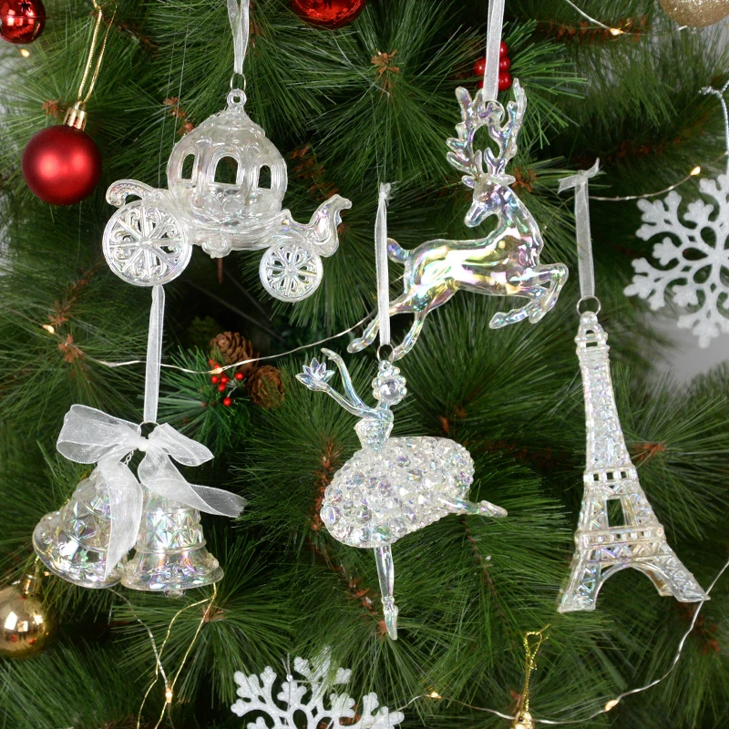 

Christmas Decoration Transparent Acrylic Crystal Carriage Bells Elk Butterfly Christmas Tree Ornaments for Ice Xmas Party Decor