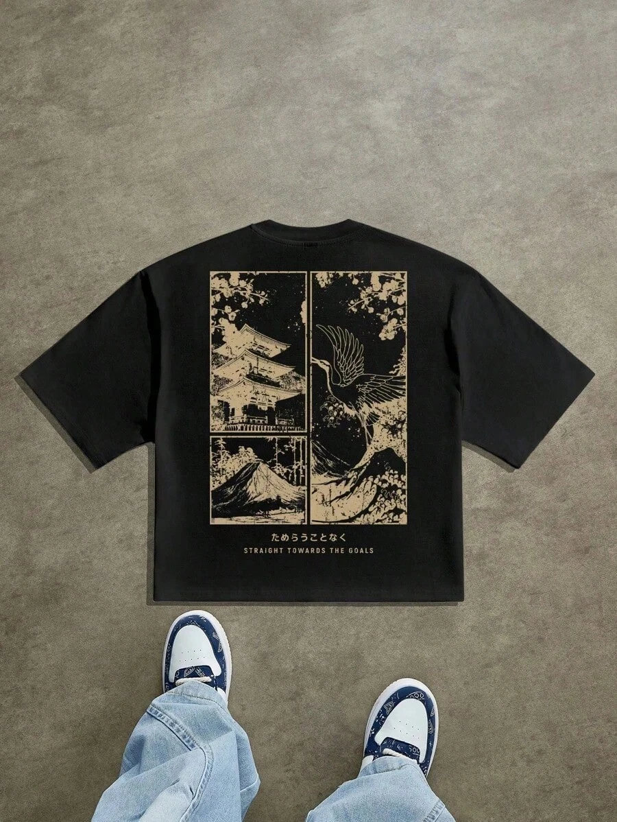 Streetstyle Original blauer japanischer Kranich und Ukiyo-e-Landschaftsdruck, kurze Streetwear-Grafik-T-Shirts für Herren, übergroßes T-Shirt