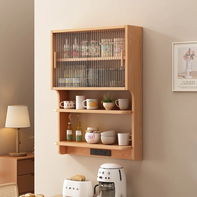 

solid wood floating sideboard, rubber wood wall-mounted dining room wall shelf, Nordic style sidewall, wall cabinet storage