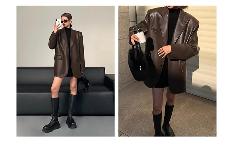 Lautaro Autumn Black Brown Soft  Pu Leather Blazer Women Shoulder Pads Long Sleeve Single Breasted Loose Casual Korean Fashion