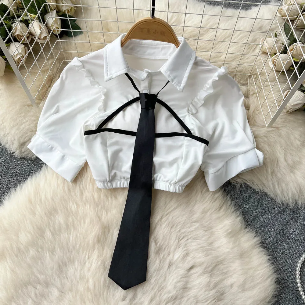 Sexy Hot School uniform Bubble Sleeves Ruffle Hollowed Short top shirt PU Leather Camisole Mini Pleated Skirt Tie 4 Pieces Set