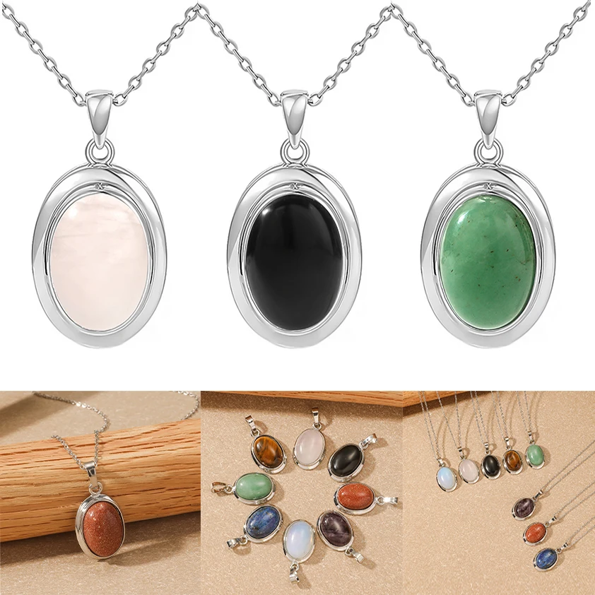 Natural Crytral for Womens Pendant Necklace Natural Stone Necklace Stone Elliptic Silver Plated Necklace Classic Jewelry Gift