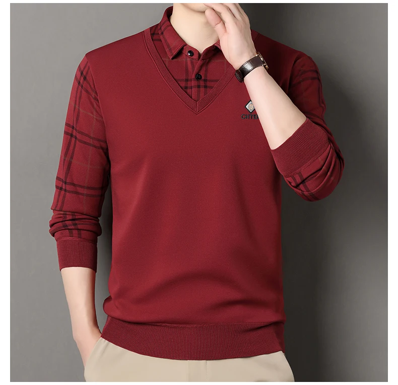 Herren Plaid Pullover Fleece Pullover Slim Fit Elegante Luxus Marke Gefälschte Zwei Stücke Gestrickte Pullover – Detail 10