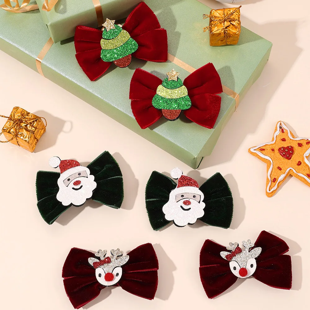 2Pcs Christmas Velvet Bow Hair Clips Sparkling Reindeer Santa Claus Hairpins For Girls Kids New Year Party Headwear Accesories