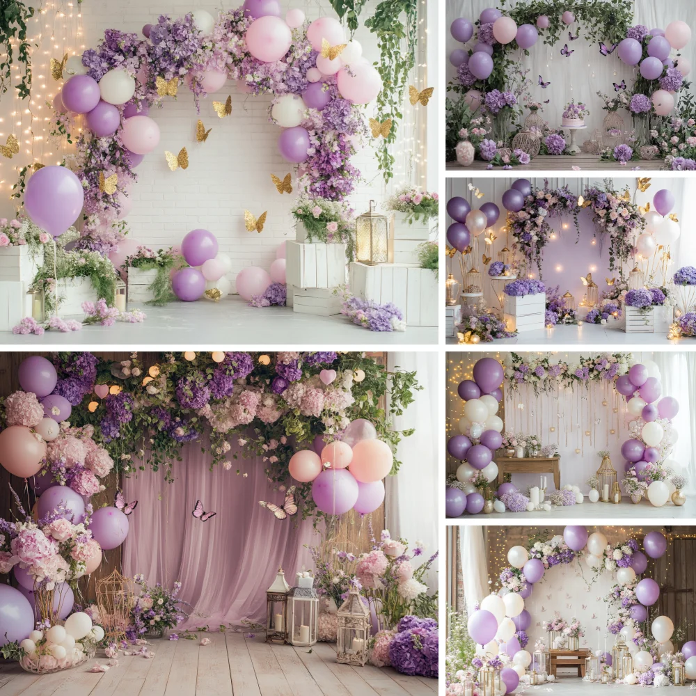 

Purple butterfly balloon themed Sparkly photography background baby shooting props butterfly purple balloon decorative banner