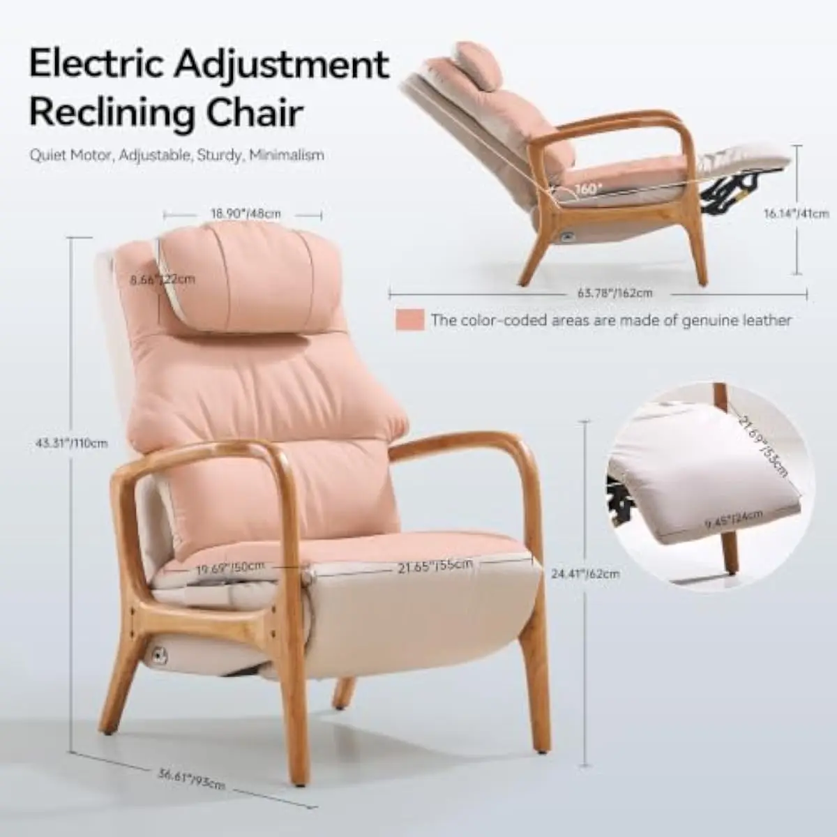 Power Recliner with Lumbar Stretch Cycle Heated Ventilated Seat Zero Gravity 160° Electric Recline Solid Rubberwood Frame Breath