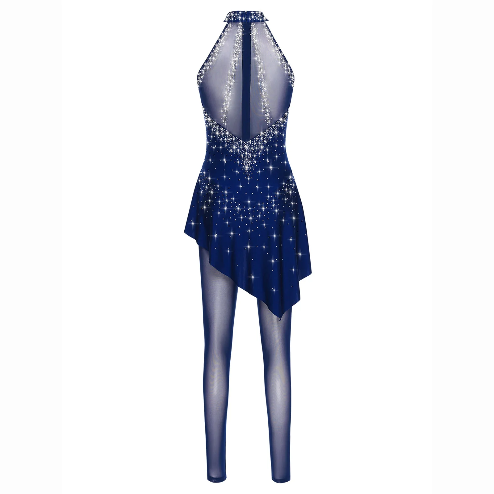 جديد إمرأة بلا أكمام الجمباز الشكل التزلج على الجليد بذلة الباليه غنائية Dancewear الراين شبكة غير النظامية متجنب بذلة