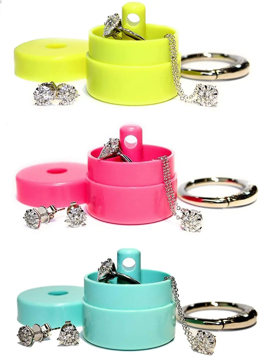 

Portable Travel Jewelry Box with Keychain, Small Organizer for Rings Necklaces Earrings, Pill Case for Vitamins