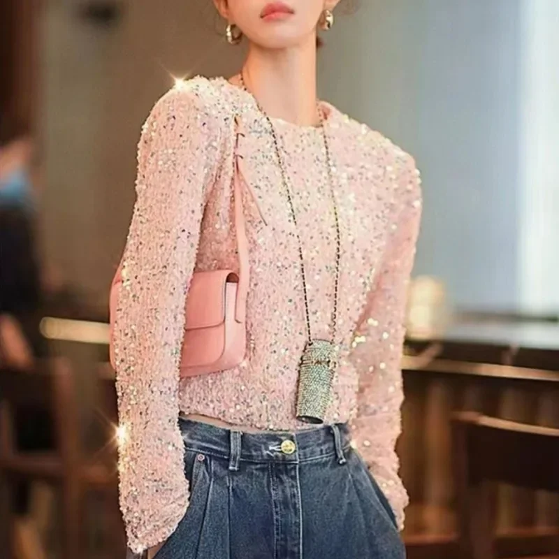 Small Fragrance Sequins Women Clothing Bling Ropa Mujer 2025 New Round Neck Long Sleeve Camisetas Elegant Ropas Trendy Clothes