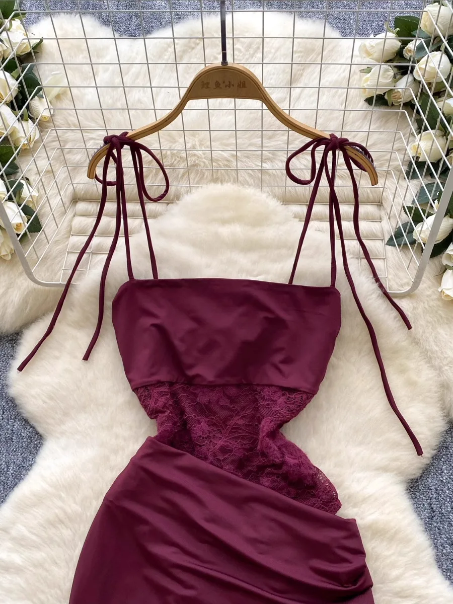 Foamlina 2025 Letnia Nowa Sukienka Bodycon Wieczorowa Damska Elegancka Bez Rękawów Koronkowa Wstawka Talia Obcisła Wino Czerwona Maxi Sukienka na Bal