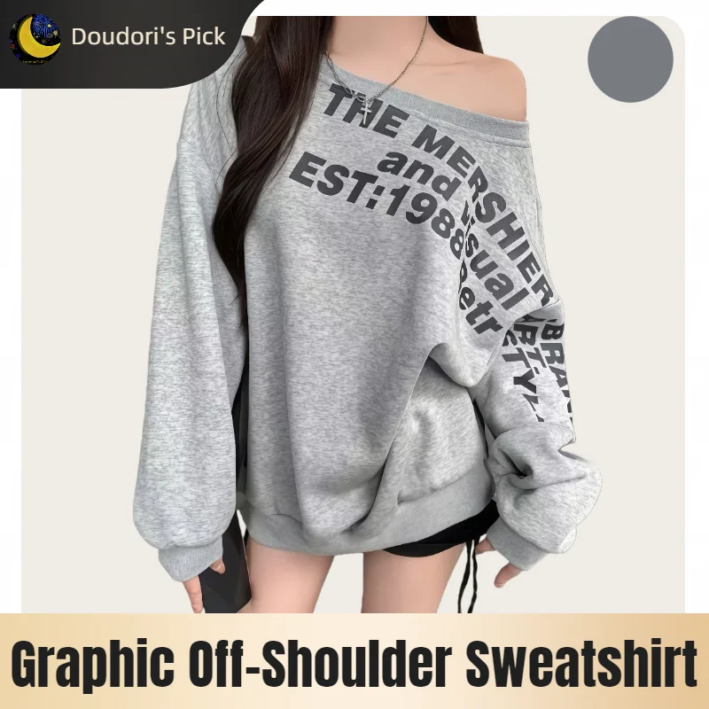 Korean Style Women's Gray Letter-Print Loose-Fitting Off-Shoulder Sweatshirt Without Fleece Lining