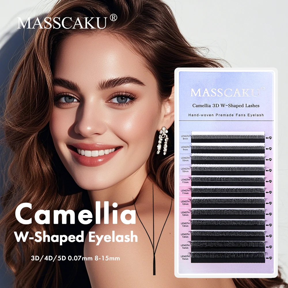MASSCAKU Camellia W Shaped Eyelash Extensions 0.07mm Thickness Durable Automatic Flowering W Style Eyelashes for Natural Makeup
