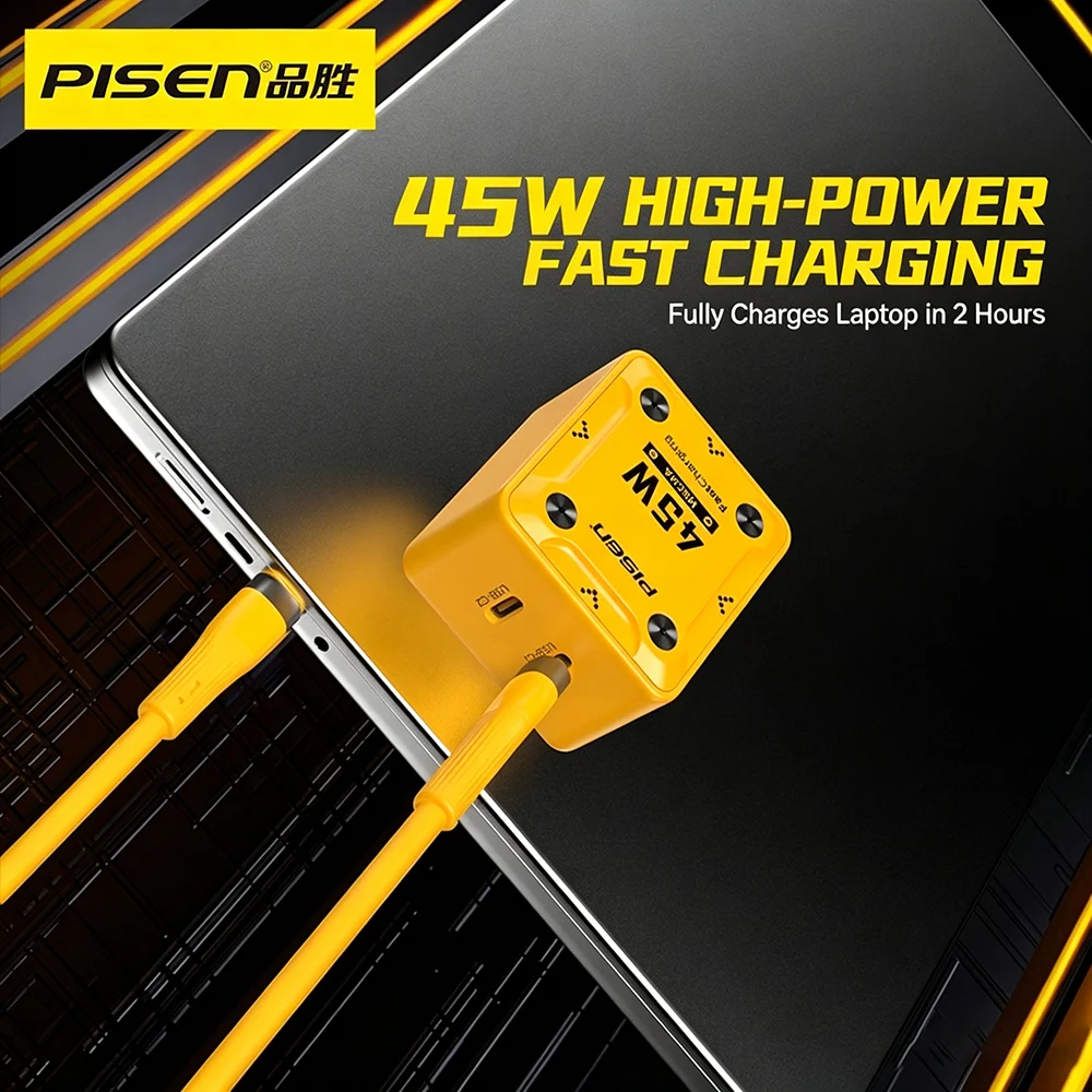 PISEN 45W GaN Mecha Dual Type‑C Charger – Fast Charging Head Compatible with iPhone 15, Huawei, MacBook & Laptops, Compact & Portable with GaN Safe Fast Charging.