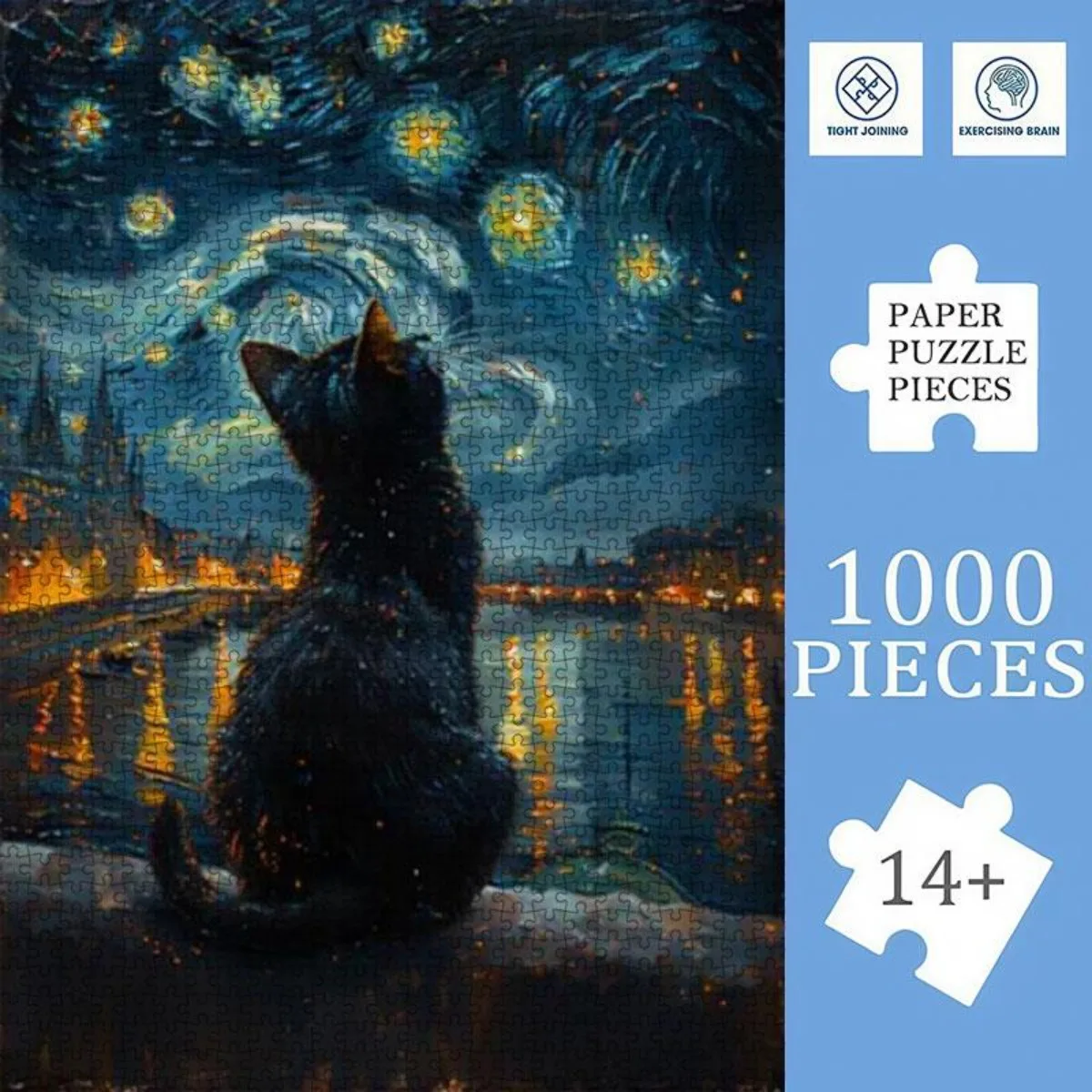1000 Stück elegante schwarze Katze unter einem Sternennachthimmel-Puzzle – herausforderndes und entspannendes Puzzle für Erwachsene, perfekt für Familienaktivitäten