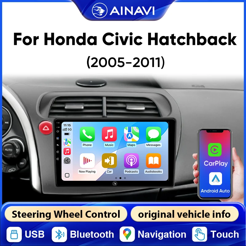 Radio para Auto AINAVI para Honda Civic 8th Hatchback 2003-2020, 2Din, Bluetooth, Carplay Inalámbrico, Android Auto, Pantalla Carplay, Radio para Coche, Sistemas Inteligentes para Auto, BT, FM, USB, 9 Pulgadas