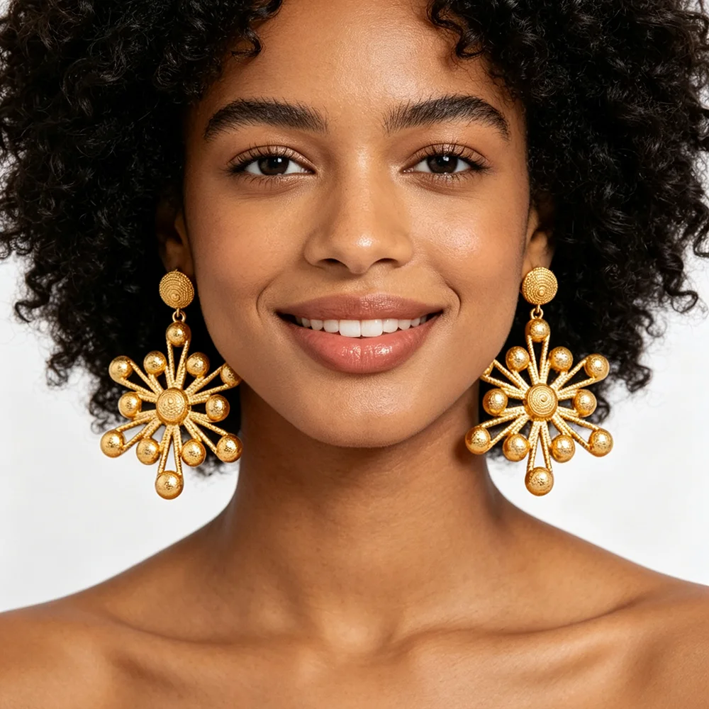 Luxuriöses 18K vergoldetes, strukturiertes, perlenbesetztes Sternen-Feuerwerk-Ohrringe- und Ring-Set für Damen, Hochzeit, Party, Brautgeschenk – Detail 1