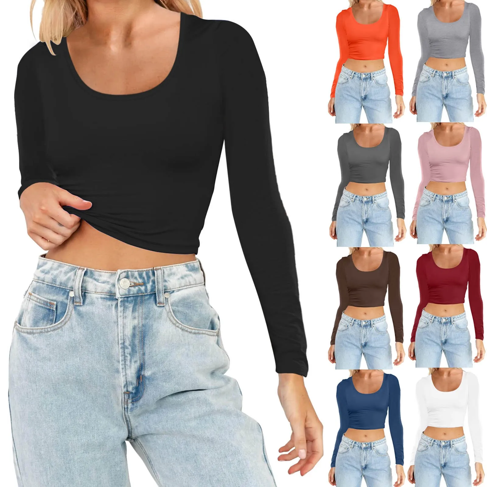 

Y2K T Shirt Women Long Sleeve Crop Tops Spring Pullover Scoop neck Slim Skinny Trashy Grunge Y2k Base Tees Sexy Female T-Shirts