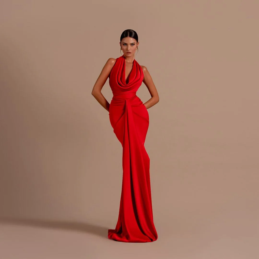 Women Sexy Red Backless Sleeveless Prom Dresses Halter V-Neck Draped Maxi Long Bodycon Dress Elegant Party Evening Wedding Dress