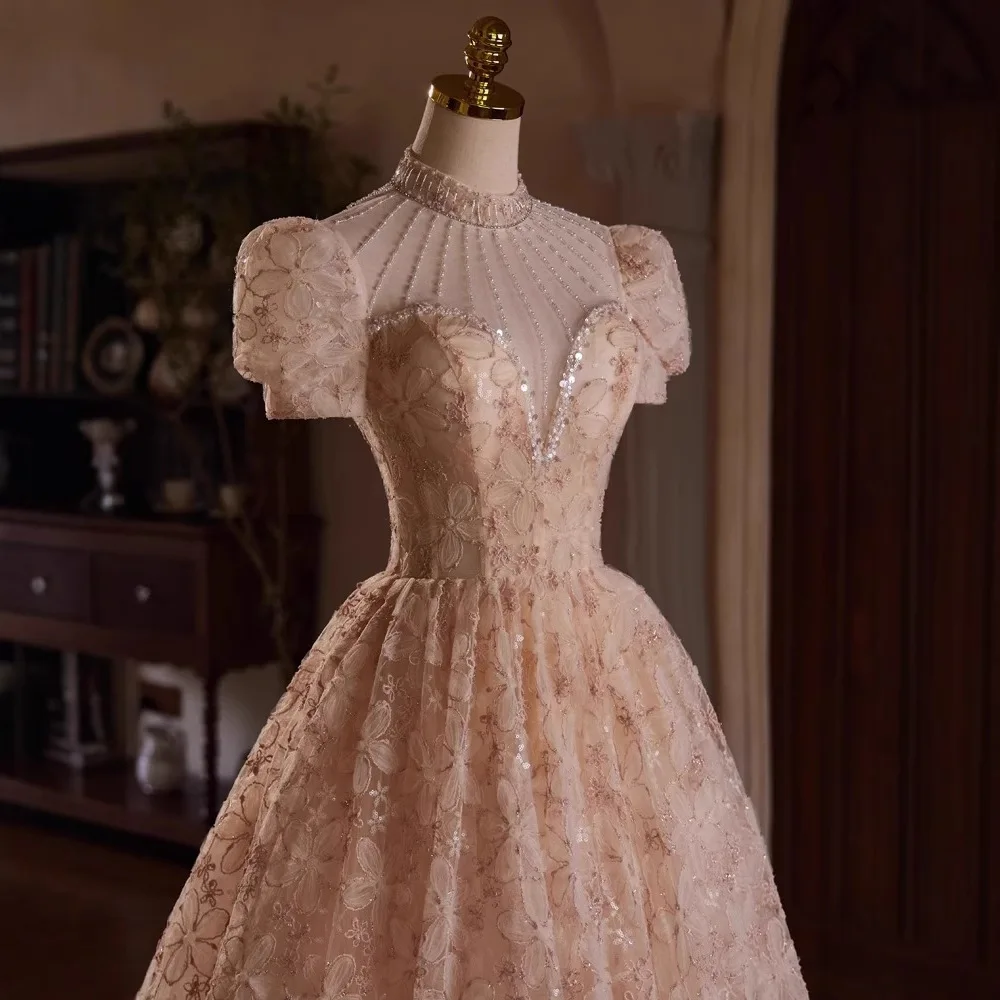 Pink Lace Evening Gown 2025 Spring New High-End Lightweight Bubble Sve Wedding Dr Toast Dr A-Line Skirt Sweet Sle