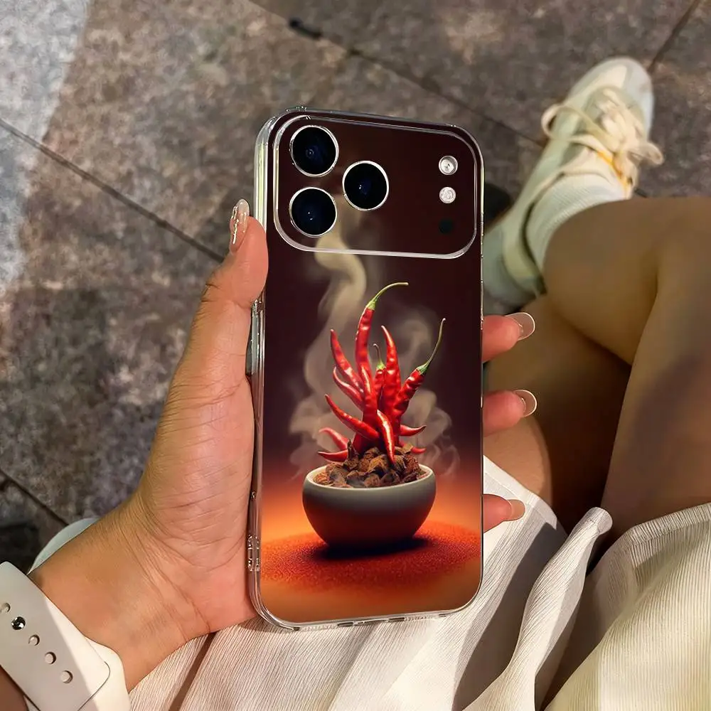 Custodia per telefono Flaming Chili Art per iPhone 14,13,12,11,17,16,15,Pro,Max,Plus,X,XS,XR,SE,Mini Cover morbida trasparente