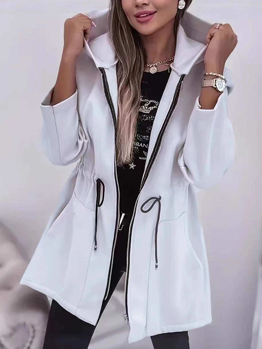 

Женское свободное пальто с капюшоном и завязкой на талии — молния средней длины, осенне-зимнее необходимое