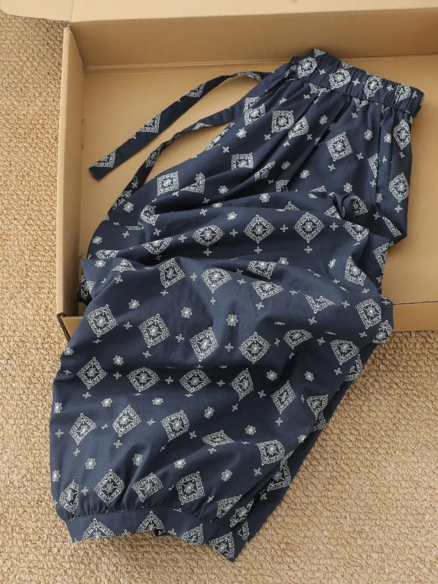 

Stunning Dark Blue Floral Wide Leg Lantern Pants Women Summer Lazy plus Size Slimming Casual Nine Point Balloon Pants
