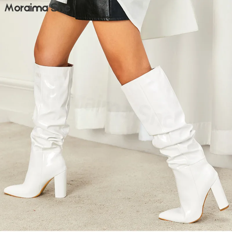 

New White Patent Leather Mid-Calf Boots Side Zipper Natural Folds Pointed Toe Chunky High-Heel Fashion Casual Women's Boots