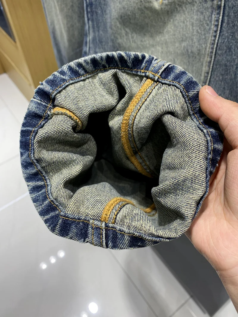 جينز رجالي فضفاض مستقيم بتصميم عتيق مغسول ومتهالك للربيع والخريف، مصنوع من مزيج القطن والبوليستر، مريح وقابل للتنفس