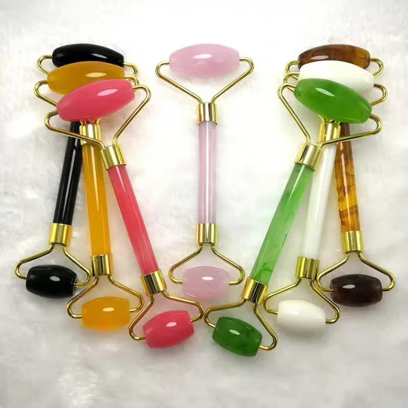 Wholesale Resin Beeswax Pink Crystal Roller Massager Imitation Jade Beauty Bar Face Massage Roller Double-Headed Roller