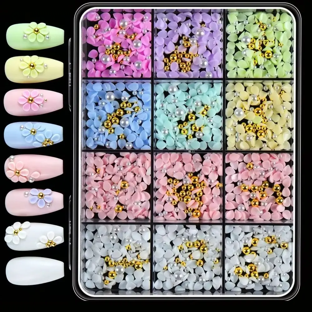 12Grids 3D Resin Macaron Small Petal Nail Charm Pink/White/Purple/Blue Floral Rhinestone Mixed Caviar Beads Manicure Decoration