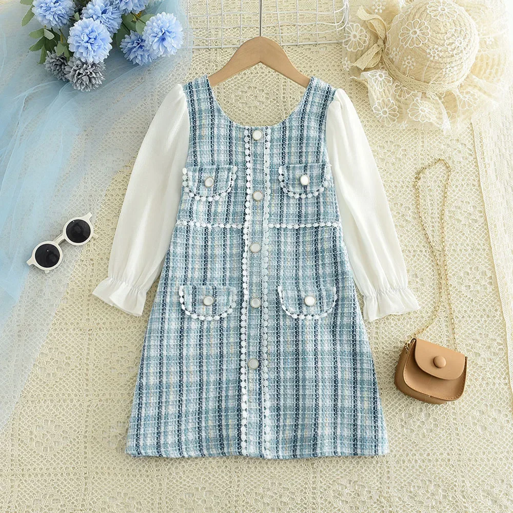 Bear Leader Girls\' Dress 2023 Autumn New Girls\' Round Neck Plaid Lace Button Long Sleeve Dress Girls\' Fashion Patchwork Dress