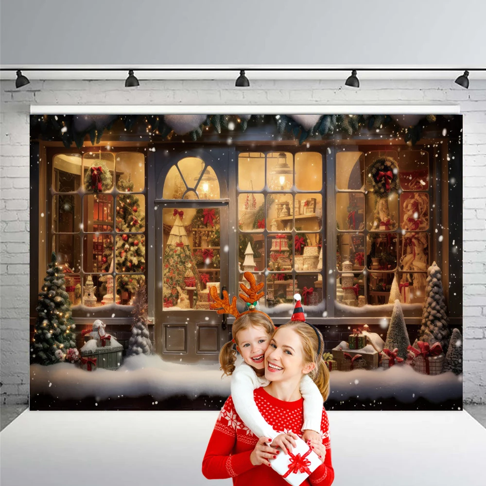 Christmas Snow Scenery Backdrops Winter Xmas Tree Balloon Garland Gifts Wooden Window Home Decor Family Portrit Photo Background