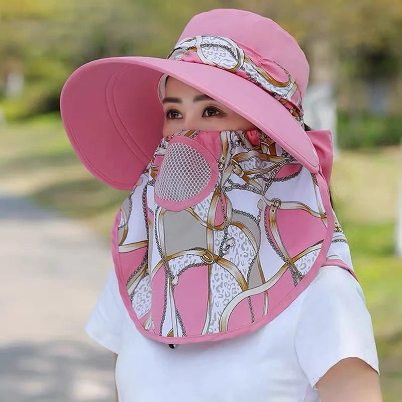 Sombrero de ala ancha para mujer, sombrero de pescador transpirable con estampado al aire libre, máscara facial desmontable, protección UV, Verano