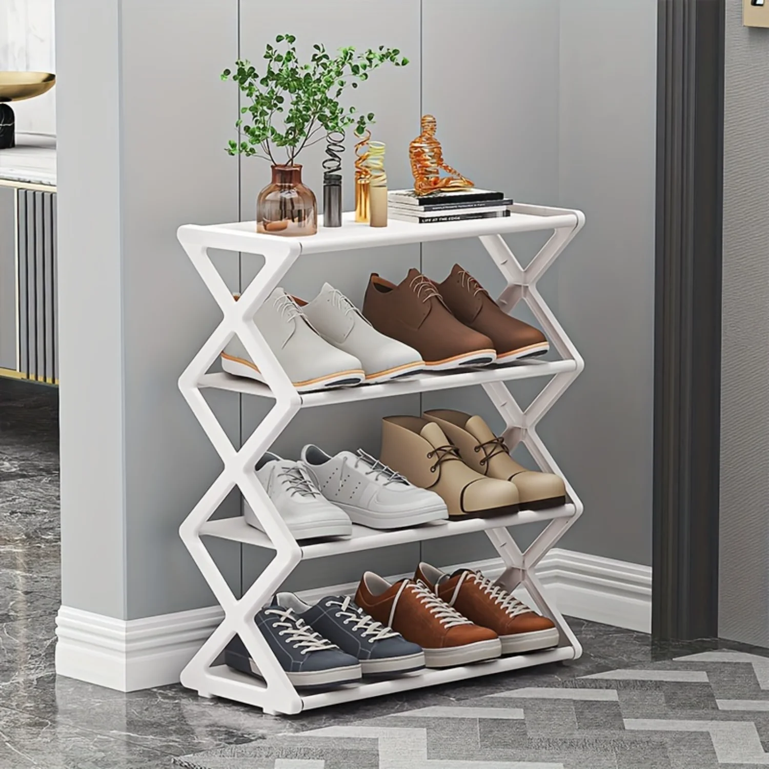 4-layer shoe rack for household dust-proof storage, solid color simple home assembly foldable shoe rack