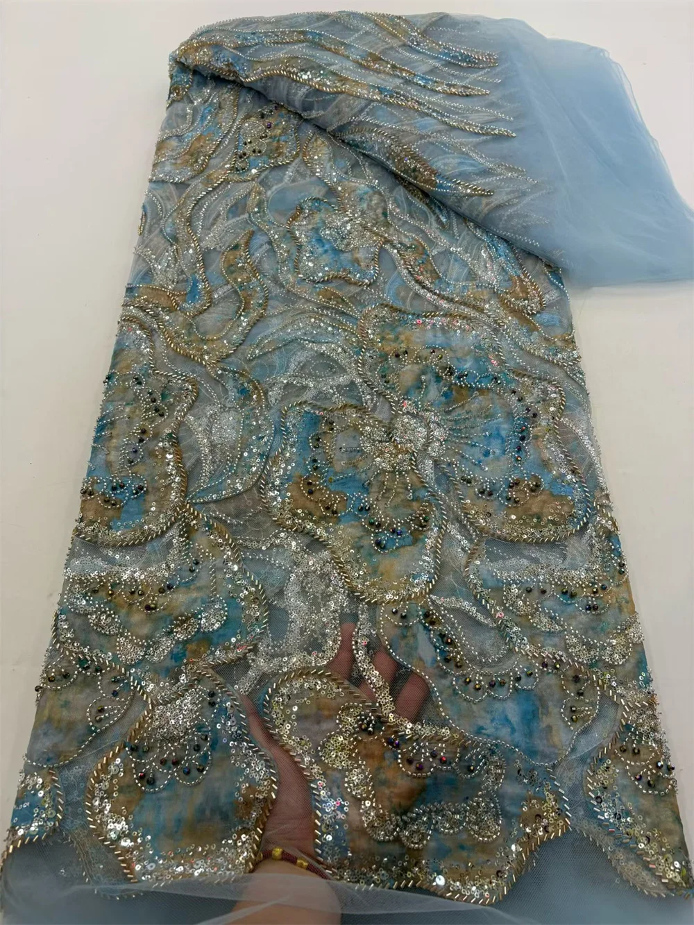 Kain Renda Jaring Payet Afrika 5 Yard Renda Tulle Jaring Perancis Nigeria Berkualitas Tinggi untuk Gaun Pesta Pernikahan Mewah Hitam Hm118-1