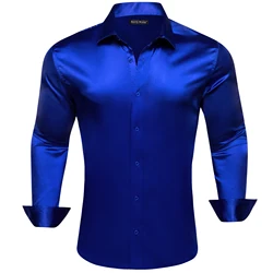 Hig Quality Mens Shirts Royal Blue Solid Plaidn Satin Mercerized Long Sleeve Slim Fit Male Tops Casual Business