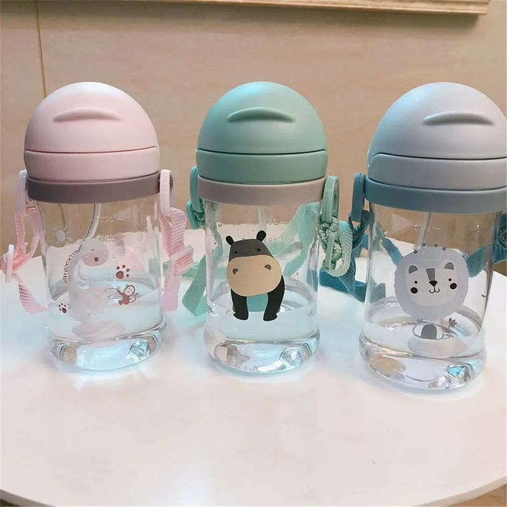 Kids Children Cartoon Animal School Drinking Water Straw Bottle Gravity Ball Straw Baby Cup with Shoulder Strap Water Bottle