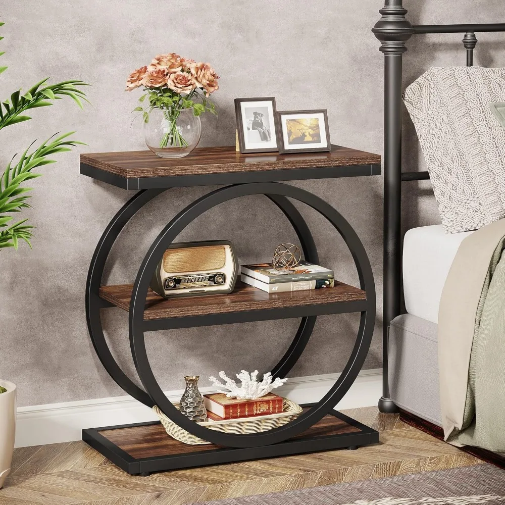 paio di tavolini sottili tribesigns con ripiani portaoggetti a tre livelli, tavolini in legno e divano laterale compatto in stile industriale