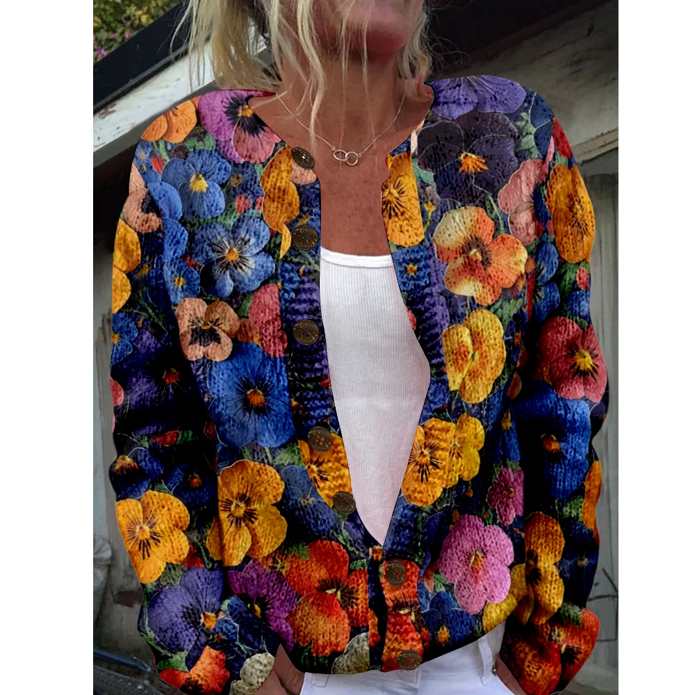 

Осень-зима вязаный кардиган с цветочным принтом, повседневный свитер, уличная одежда, женские свитера, вязаный топ, крутые джемперы, модные
