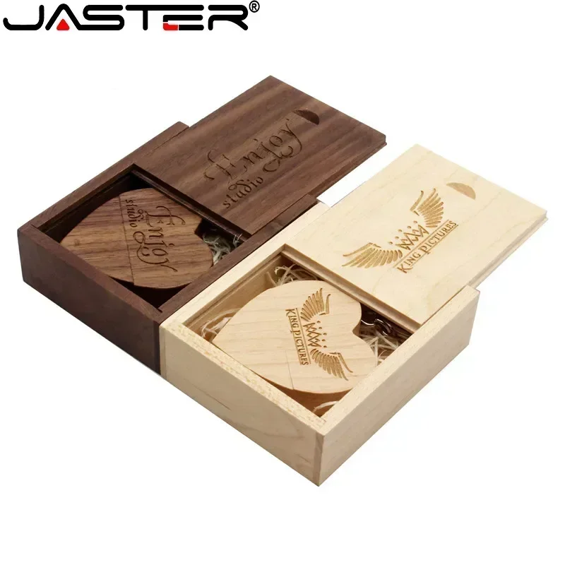 JASTER-lápiz de memoria USB 2,0 + caja, Corazón De Madera de nogal, logotipo personalizado gratis, con llavero, regalo de boda, disco U, 8G