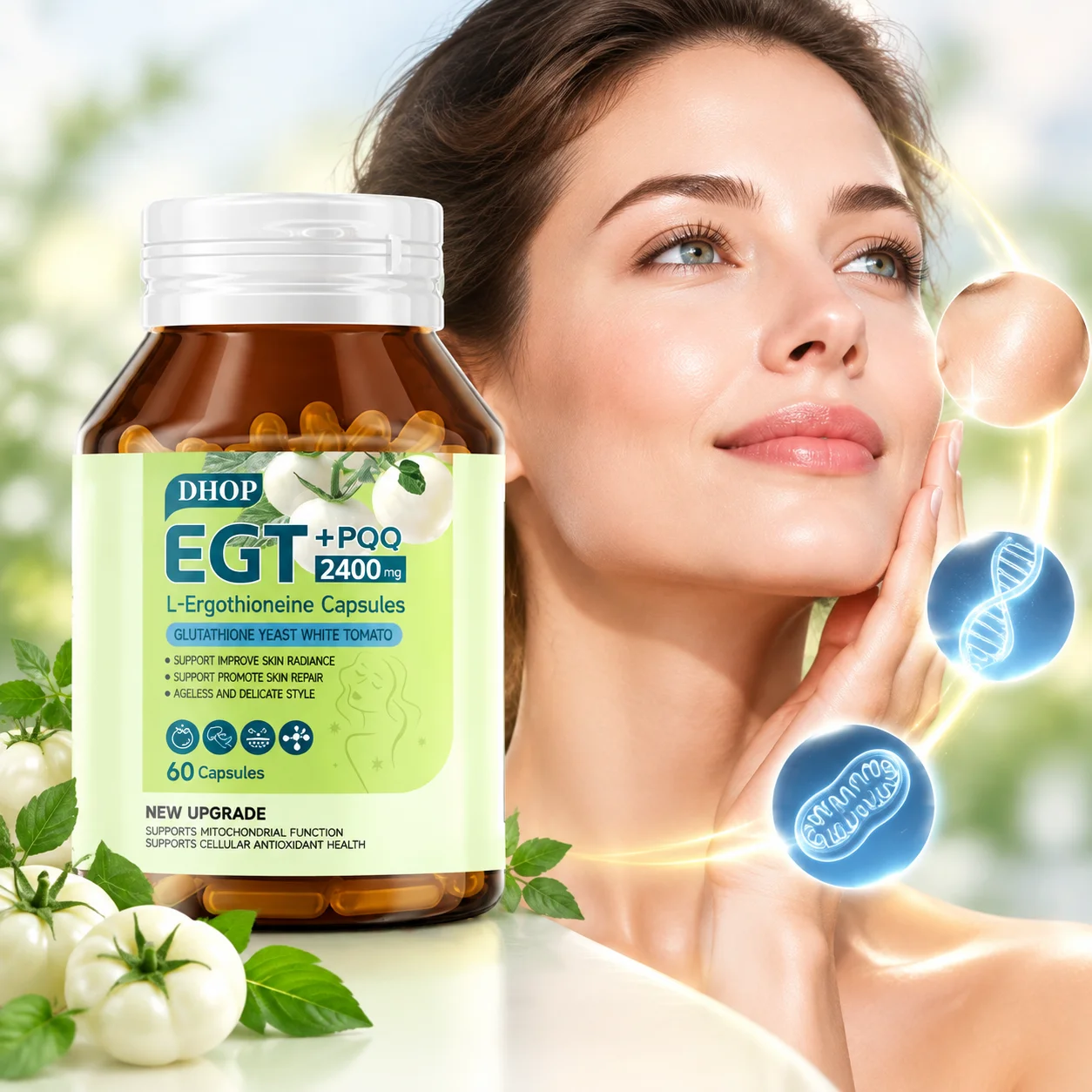 L-Ergothioneine EGT + PQQ Capsules,Skin, Healthy Aging, DNA & Mitochondrial Support, Glutathione White Tomato Blend, 60 Capsules