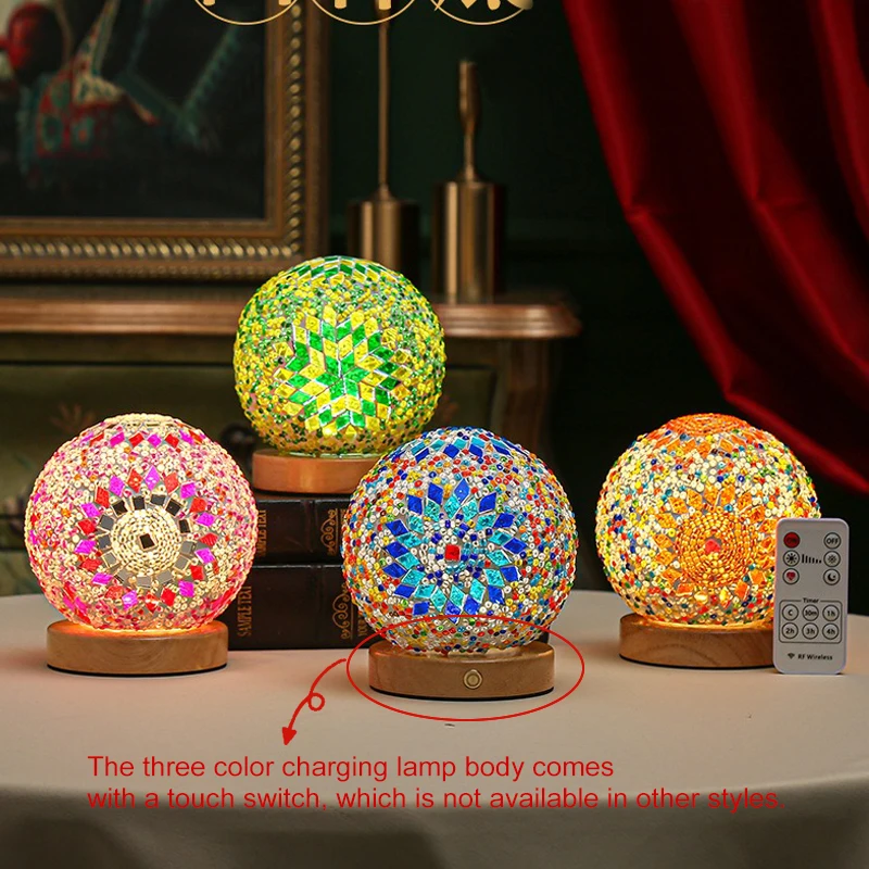 Bohemian Table Lamp Turkish Mosaic Lamp For Battery Light Multicolor Lamp Room Decorations Items Touch switch Wooden Night Light