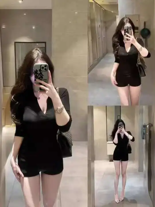 New 2025 Summer Korean Version Black Sexy Semi Open Neck Slightly Transparent Slim High-end Short Sleeve Solid Slim Top BDJX