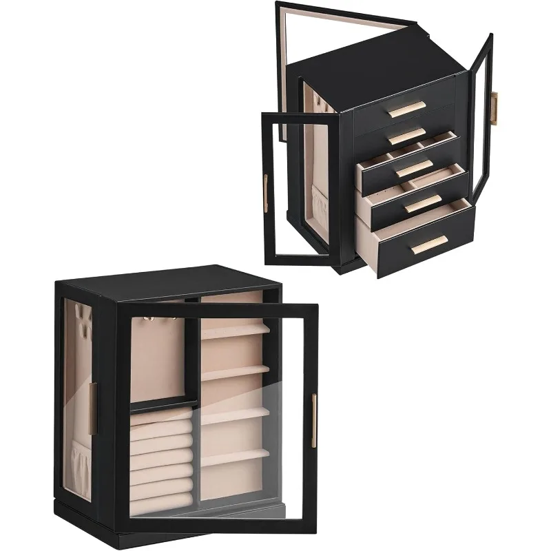360° Rotating Jewelry Box with 5 Drawers, Spacious Vertical Jewelry Organizer with Glass Window, Jewelry Storage Case